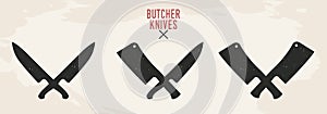 Restaurant knives set. Meat knives. Chef`s knife and Meat cleaver isolated on old background. Vintage design. Vector illustration.