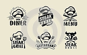 Restaurant label set. Gourmet chef food emblems, kitchen workshop or cooking club labels vector illustration