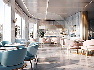 The restaurant is in light pastel colors filled with plenty of tables and chairs. AI generated