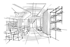 restaurant line drawing,a line drawing Using interior architecture, assembling graphics, working in architecture, and interior