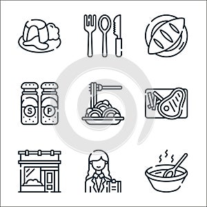 restaurant line icons. linear set. quality vector line set such as soup, maitre, restaurant, meat, spaghetti, salt and pepper,