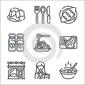 restaurant line icons. linear set. quality vector line set such as soup, maitre, restaurant, meat, spaghetti, salt and pepper, photo