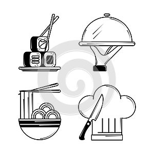 Restaurant in line style icons set sushi noodes and chef hat