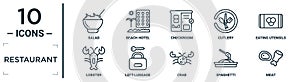 restaurant linear icon set. includes thin line salad, checkroom, eating utensils, left-luggage, spaghetti, meat, lobster icons for