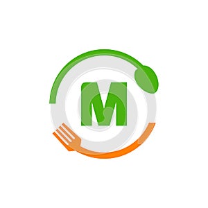 Restaurant Logo Design On Letter M With Spoon And Fork Concept Template. Kitchen Tools, Food Icon. Cooking Logo, Bbq Sign, Grill