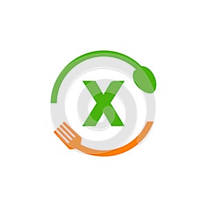 Restaurant Logo Design On Letter X With Spoon And Fork Concept Template. Kitchen Tools, Food Icon. Cooking Logo, Bbq Sign, Grill