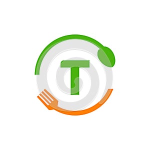 Restaurant Logo Design On Letter T With Spoon And Fork Concept Template. Kitchen Tools, Food Icon. Cooking Logo, Bbq Sign, Grill
