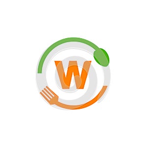 Restaurant Logo Design On Letter W With Spoon And Fork Concept Template. Kitchen Tools, Food Icon. Cooking Logo, Bbq Sign, Grill