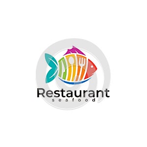 Restaurant logo with fish design combination, colorful, cutlery