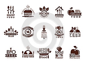 Restaurant logo. Food manufacture vintage labels for kitchen eco fresh healthy cooking house vector badges template