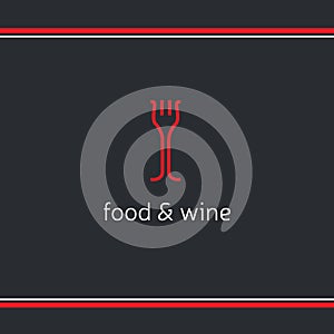 Restaurant logo with fork and two bottles of wine. Food and wine logo design template. Crative emblem for restaurant and wine bar