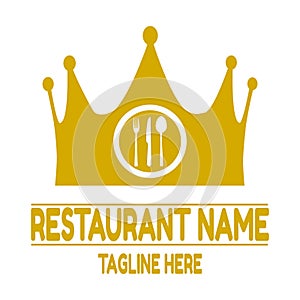 Restaurant logo vector.  Gold plate, spoon, fork, knife and crown illustration