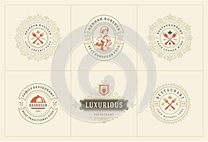 Restaurant logos templates set vector illustration good for menu labels and cafe badges