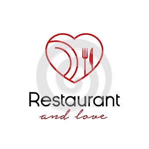 Restaurant and love logo icon design template illustration. consisting of a line art heart/love icon with plate, fork and knife