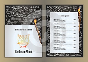 Restaurant menu with barbecue hand drawn doodle elements