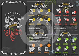 Restaurant menu beverage drink poster chalkboard calligraphic lettering old retro vintage style vector illustration.