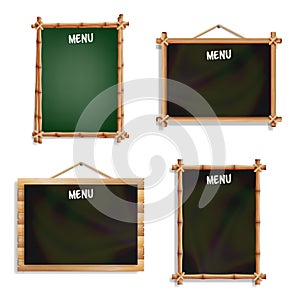 Restaurant Menu Boards Set. Isolated On White Background. Realistic Black And Green Chalkboard Blank With Wooden Frame Hanging. Ve