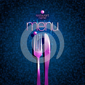 Restaurant menu card cover design, with pink shiny fork and knife