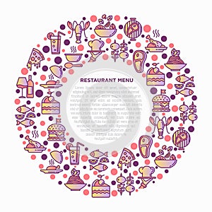 Restaurant menu concept in circle with thin line icons: starters, chef dish, BBQ, soup, beef, steak, beverage, fish, salad, pizza