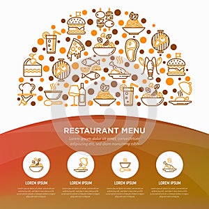 Restaurant menu concept in half circle with thin line icons: starters, chef dish, BBQ, soup, beef, steak, beverage, fish, salad,