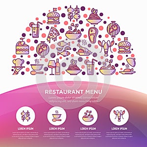 Restaurant menu concept in half circle with thin line icons: starters, chef dish, BBQ, soup, beef, steak, beverage, fish, salad,