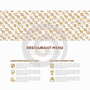 Restaurant menu concept with thin line icons: starters, chef dish, BBQ, soup, beef, steak, beverage, fish, salad, pizza, wine,