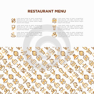 Restaurant menu concept with thin line icons: starters, chef dish, BBQ, soup, beef, steak, beverage, fish, salad, pizza, wine,