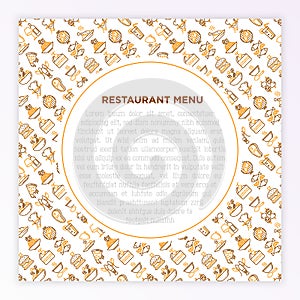 Restaurant menu concept with thin line icons: starters, chef dish, BBQ, soup, beef, steak, beverage, fish, salad, pizza, wine,