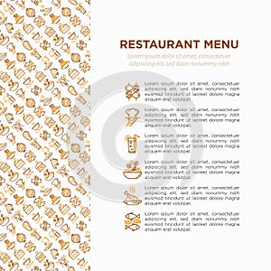 Restaurant menu concept with thin line icons: starters, chef dish, BBQ, soup, beef, steak, beverage, fish, salad, pizza, wine,