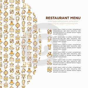 Restaurant menu concept with thin line icons: starters, chef dish, BBQ, soup, beef, steak, beverage, fish, salad, pizza, wine,