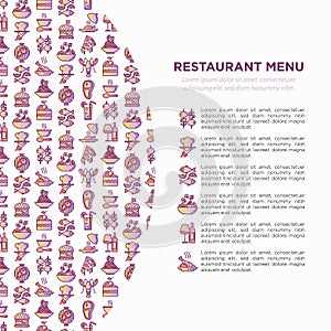 Restaurant menu concept with thin line icons: starters, chef dish, BBQ, soup, beef, steak, beverage, fish, salad, pizza, wine,