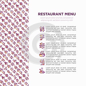Restaurant menu concept with thin line icons: starters, chef dish, BBQ, soup, beef, steak, beverage, fish, salad, pizza, wine,