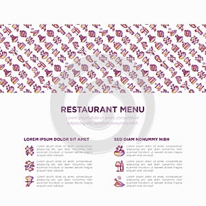 Restaurant menu concept with thin line icons: starters, chef dish, BBQ, soup, beef, steak, beverage, fish, salad, pizza, wine,