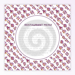 Restaurant menu concept with thin line icons: starters, chef dish, BBQ, soup, beef, steak, beverage, fish, salad, pizza, wine,