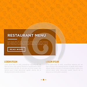 Restaurant menu concept with thin line icons: starters, chef dish, BBQ, soup, beef, steak, beverage, fish, salad, pizza, wine,