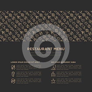 Restaurant menu concept with thin line icons: starters, chef dish, BBQ, soup, beef, steak, beverage, fish, salad, pizza, wine,