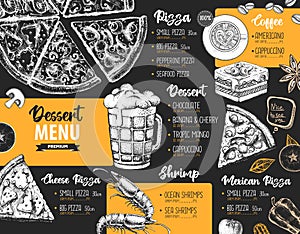 Restaurant menu design. Decorative sketch of pizza, beer and dessert. Fast food menu