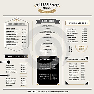 Restaurant Menu Design Template layout with icons and emblem