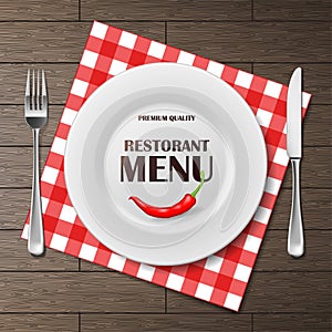 Restaurant menu front banner with plate and cutlery set on napkin. realistic Restaurant menu background advertisement