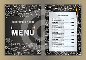 Restaurant menu with grill- barbecue hand drawn doodle elements