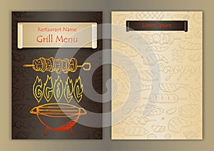 Restaurant menu with grill hand drawn doodle elements