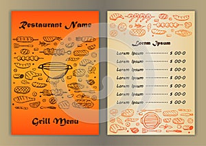 Restaurant menu with grill hand drawn doodle elements