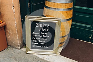 Restaurant menu in Italian - outdoor bar in Rome, Italy. Handwritten menu board at street terrace. Blackboard