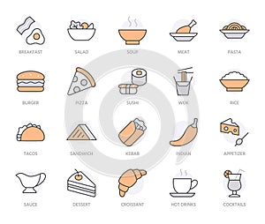 Restaurant menu line icon set. Sandwich, shawarma, soup, salad, pasta, tacos, pizza, eggs and bacon minimal vector