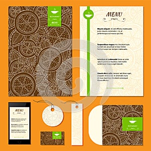 Restaurant menu with orange, lemon pattern. Citrus corporative identity vector background. Set of corporate identity templates