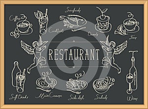 Restaurant menu with sketches of different dishes
