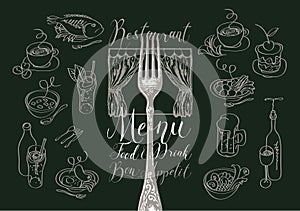 Restaurant menu with sketches of dishes and fork
