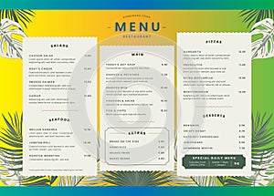 restaurant menu template with tropical leaves vector design illustration
