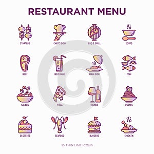 Restaurant menu thin line icons set: starters, chef dish, BBQ, soup, beef, steak, beverage, fish, salad, pizza, wine, seafood,