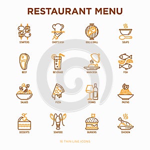 Restaurant menu thin line icons set: starters, chef dish, BBQ, soup, beef, steak, beverage, fish, salad, pizza, wine, seafood,